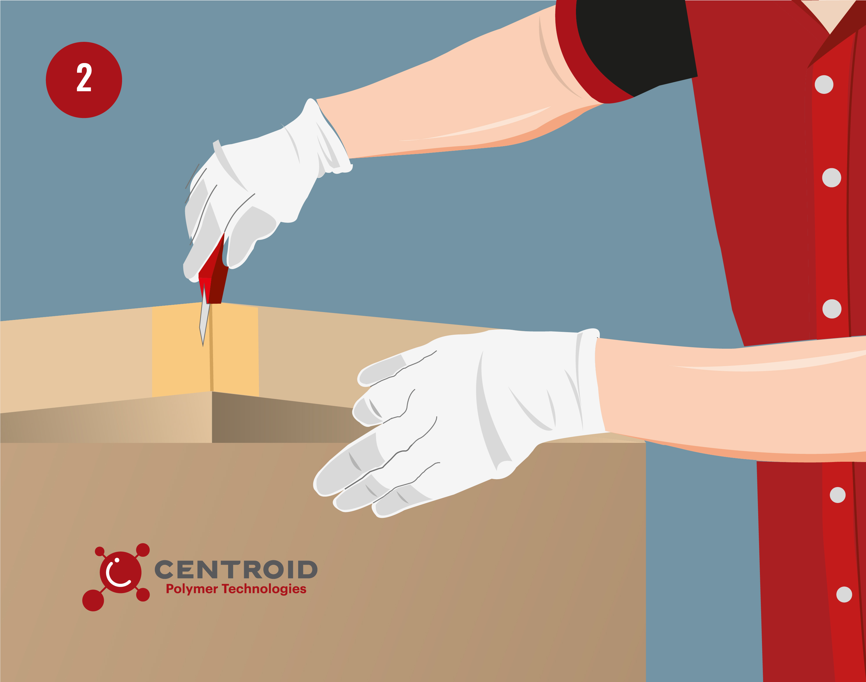 Step 2 of Centroid Polymer Technologies installation guide showing a person cutting open a box with gloves and a utility knife, with the Centroid logo